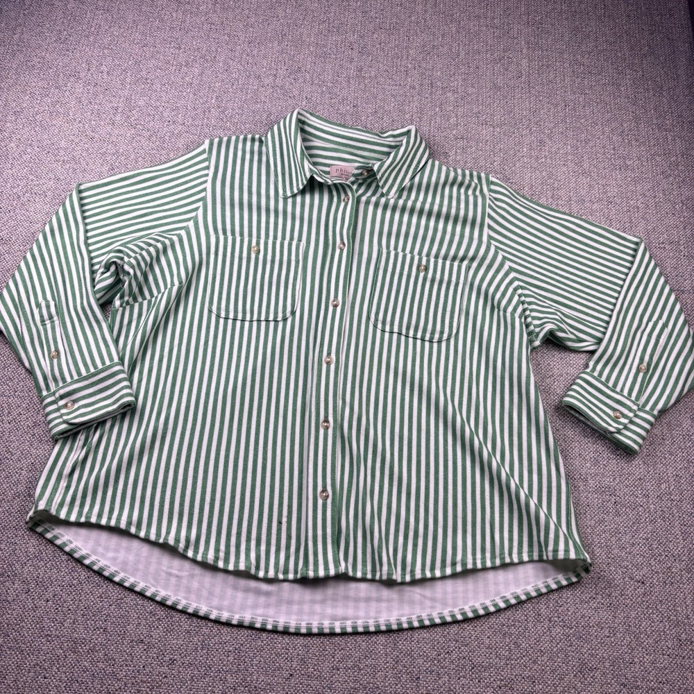 Philosophy Women's Green White Striped Button Down Blouse Shirt Plus Sz 1XL